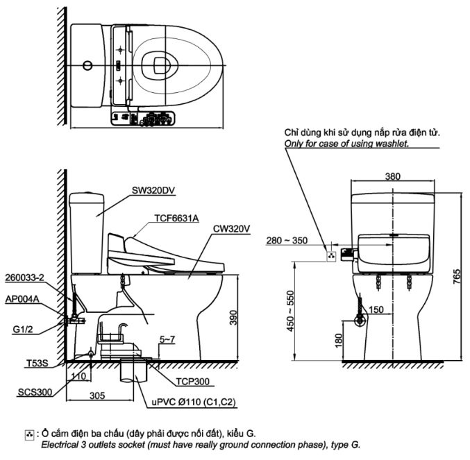 Bản vẽ kích thước bồn cầu Washlet TOTO CS320DRW7#W