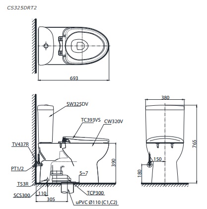 Bản vẽ kỹ thuật xí bệt TOTO CS325DRT2