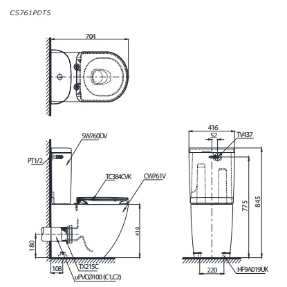 Bản vẽ kĩ thuật bồn cầu TOTO CS761PDT5 thoát ngang