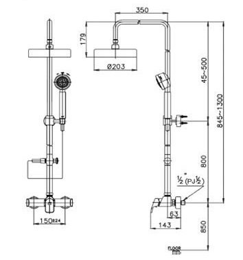 Bản vẽ kĩ thuật kích thước sen cây CT2035WS COTTO