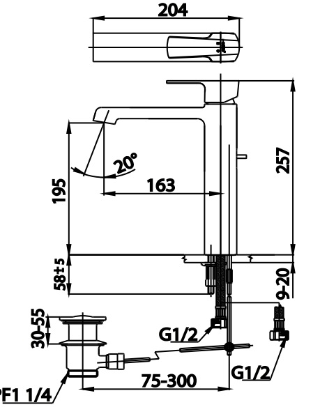 Bản vẽ kích thước vòi chậu Cotto CT2202AY