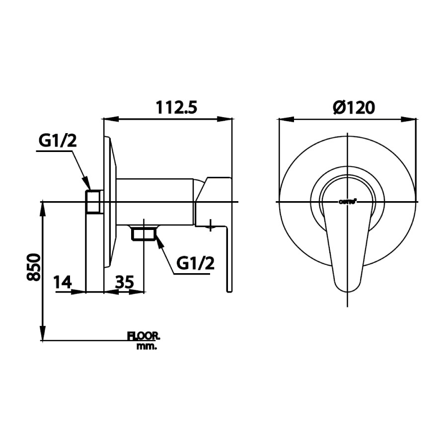 Bản vẽ van điều chỉnh âm tường CT 2291A  Cotto nóng lạnh 