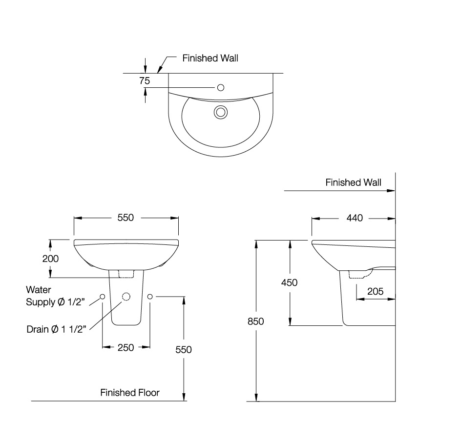 Bản vẽ kỹ thuật Chậu lavabo chân ngắn C014/C4201