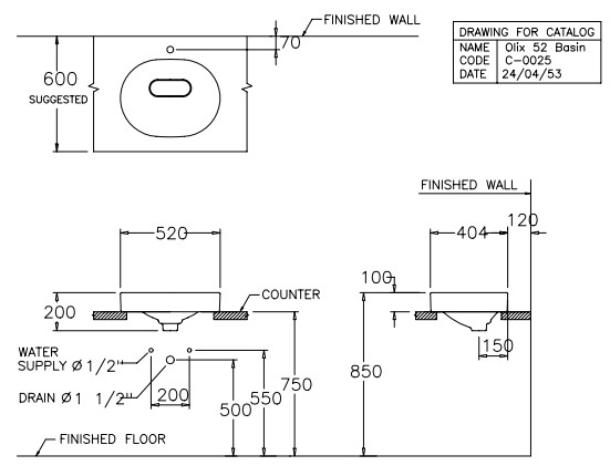 Bản vẽ kỹ thuật Chậu lavabo Cotto C00257