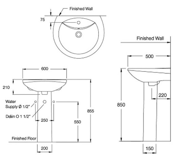 Bản vẽ kỹ thuật Chậu lavabo Cotto C0107/C411