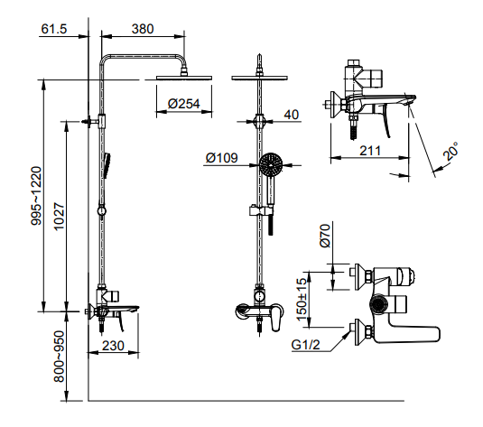 Bản vẽ kỹ thuật sen cây tắm nóng lạnh INAX BFV-515S