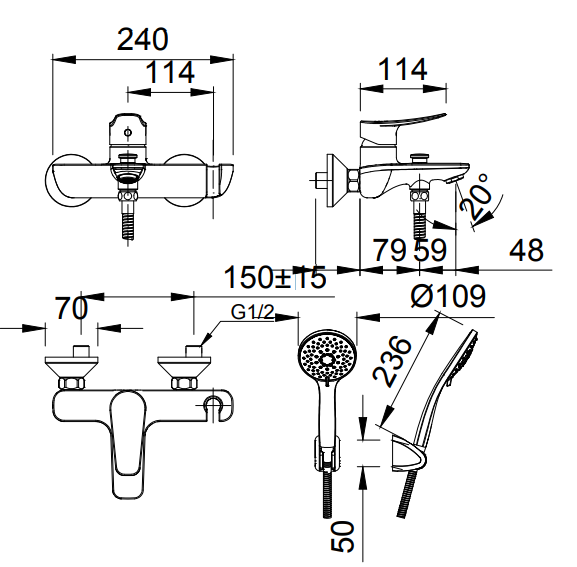 Bản vẽ kỹ thuật Vòi sen tắm nóng lạnh INAX BFV-503S