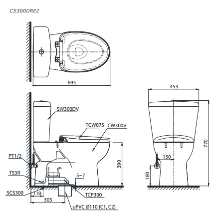 bản vẽ bồn cầu TOTO CS300DRE2 nắp rửa cơ