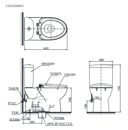 bản vẽ bồn cầu TOTO CS325DRE2 nắp rửa cơ