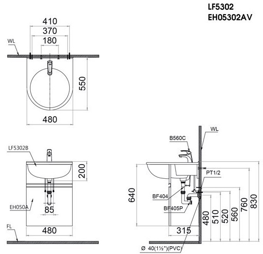 Bộ Tủ Lavabo Caesar Treo Tường LF5302/EH05302AV