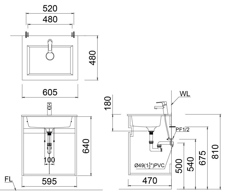 Bản vẽ kích thước tủ chậu rửa mặt Caesar LF5017 EH05017APV