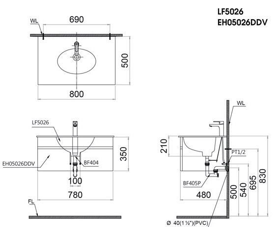 Bộ Tủ Lavabo Caesar LF5026/EH05026DDV Treo Tường