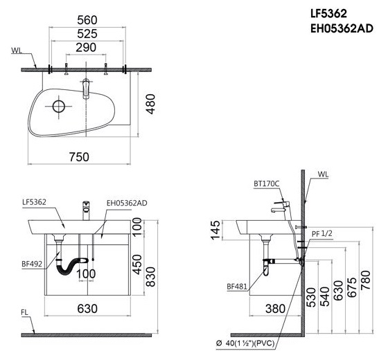 Bộ Tủ Lavabo Caesar Treo Tường LF5362/EH05362AD