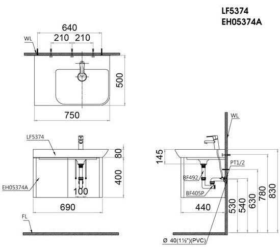 Bộ Tủ Lavabo Caesar Treo Tường LF5374/EH05374A