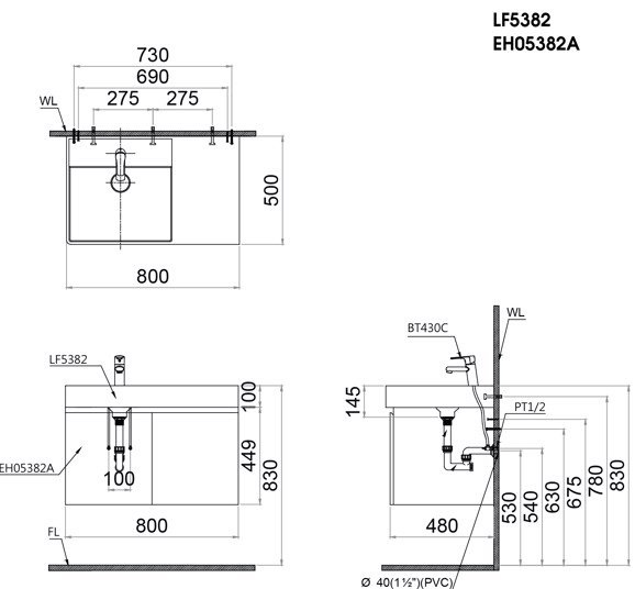 Bộ Tủ Lavabo Caesar Treo Tường LF5382/EH05382A