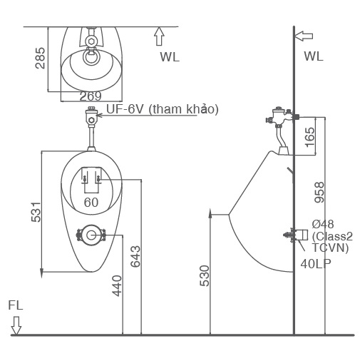 Bản vẽ bệ tiểu nam treo tường U117V INAX