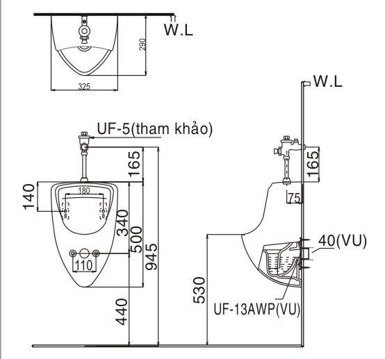 Bản vẽ bệ tiểu nam treo tường U440V INAX