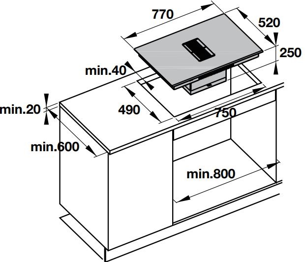 Bản vẽ bếp điện từ IHH77A kết hợp hút mùi Hafele 4 vùng nấu