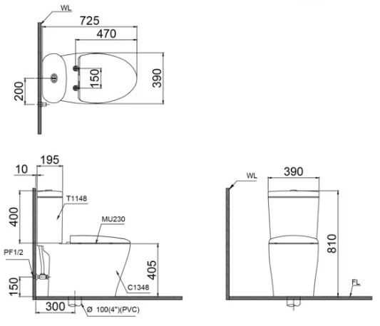 Bản vẽ kích thước bồn cầu C1348 nắp điện tử TAF 200H Caesar